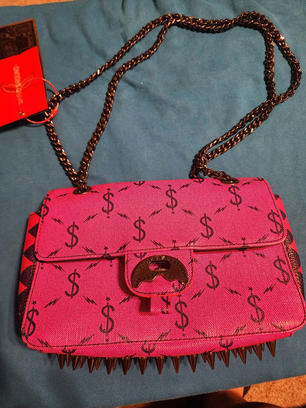 Sprayground Hot Pink Studded Chain Shoulder Bag with Dollar Sign Print